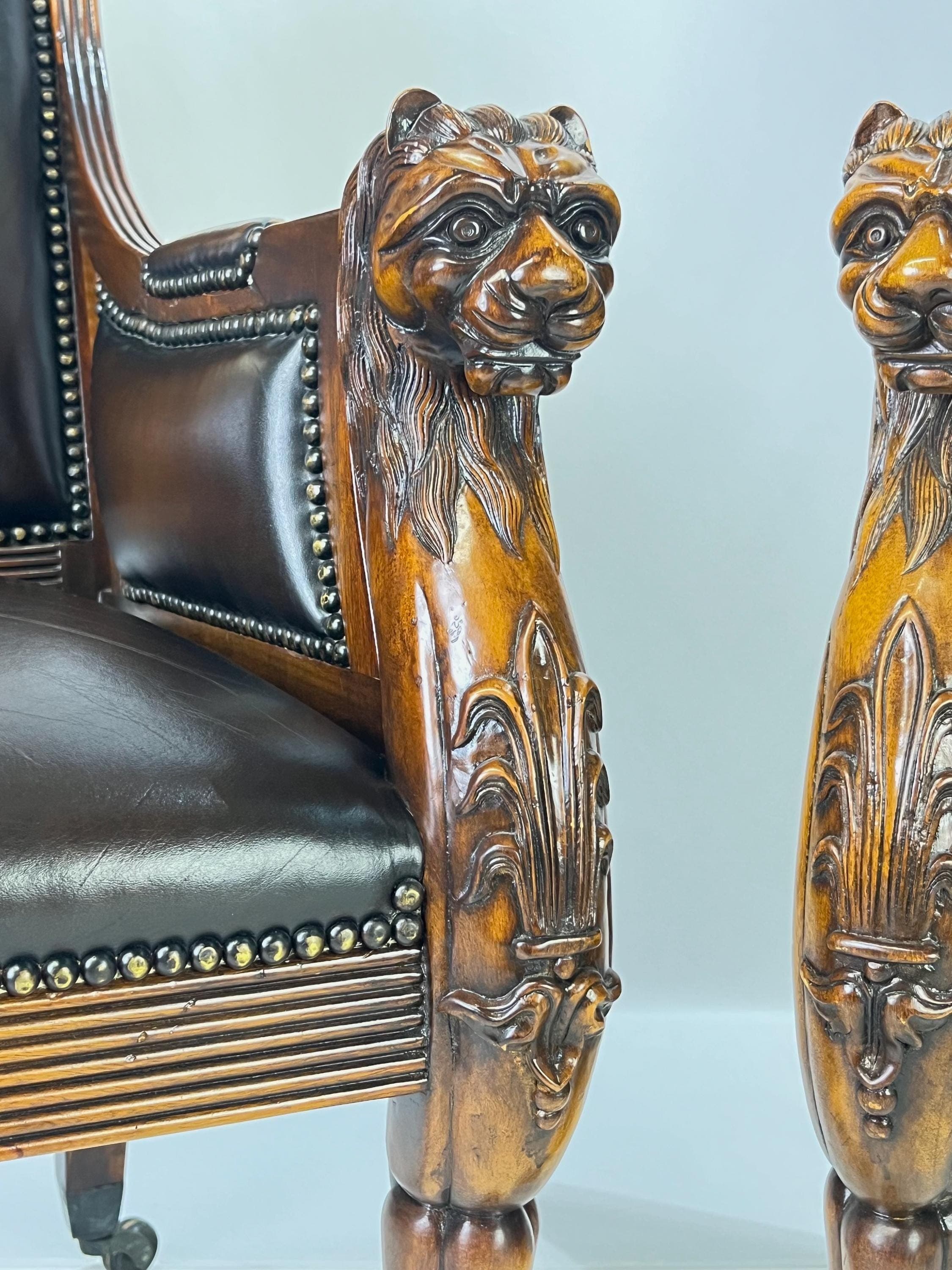 Pair of Theodore Alexander Regency Style Carved Lion & Hairy Paw Caster Armchairs in Brown Leather - Thumbnail 4