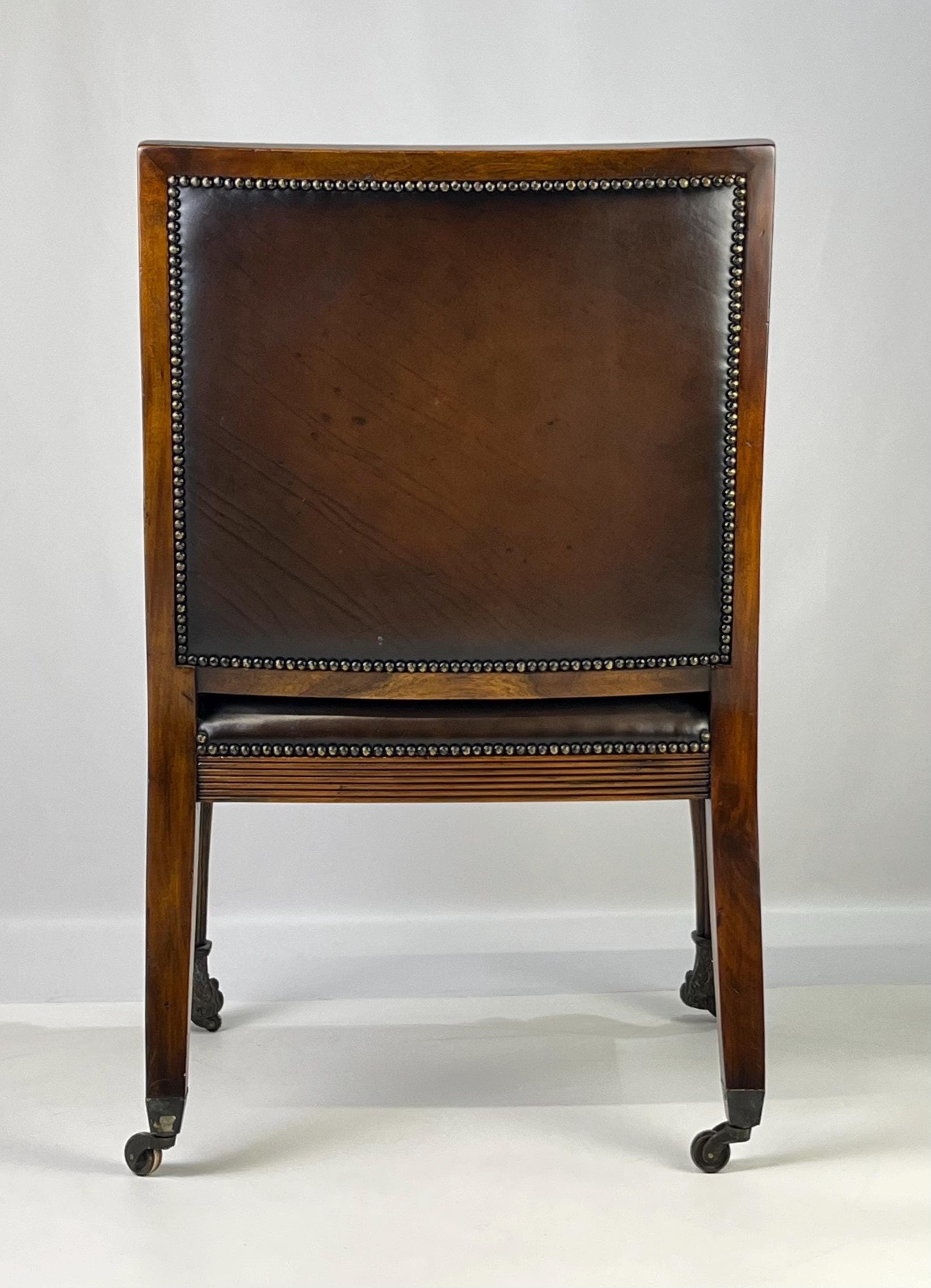 Pair of Theodore Alexander Regency Style Carved Lion & Hairy Paw Caster Armchairs in Brown Leather - Thumbnail 6