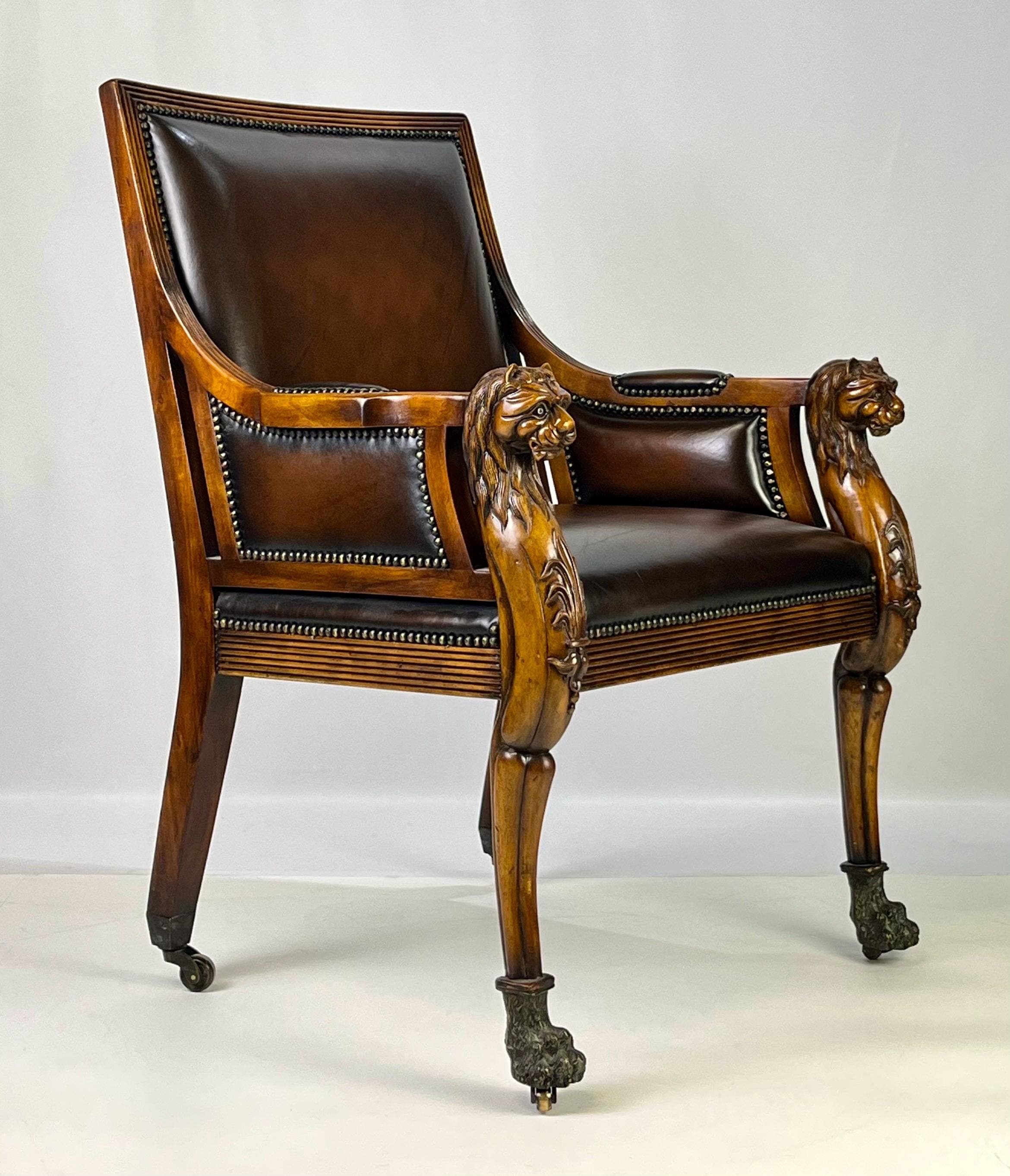 Pair of Theodore Alexander Regency Style Carved Lion & Hairy Paw Caster Armchairs in Brown Leather - Thumbnail 9