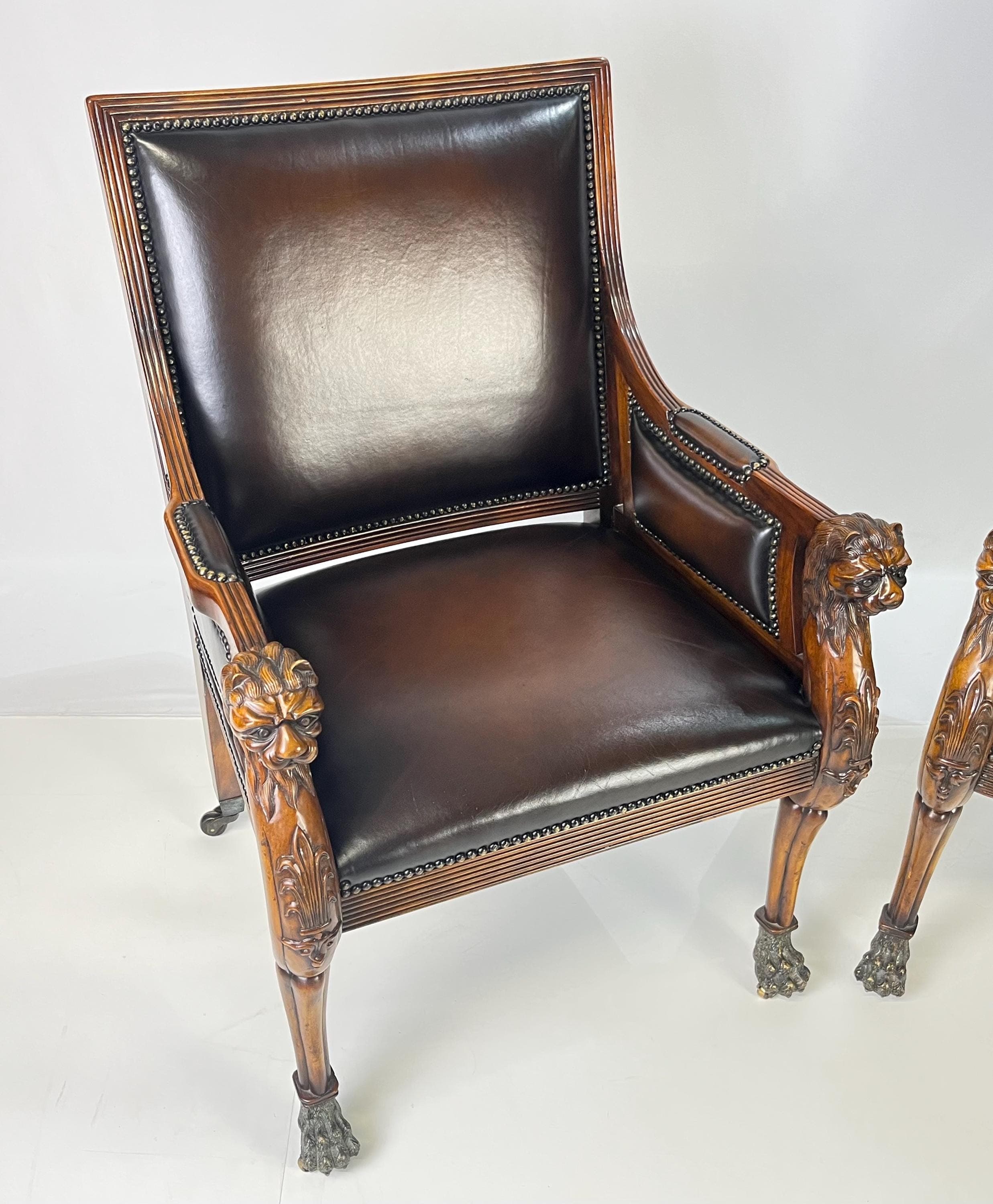 Pair of Theodore Alexander Regency Style Carved Lion & Hairy Paw Caster Armchairs in Brown Leather - Thumbnail 18