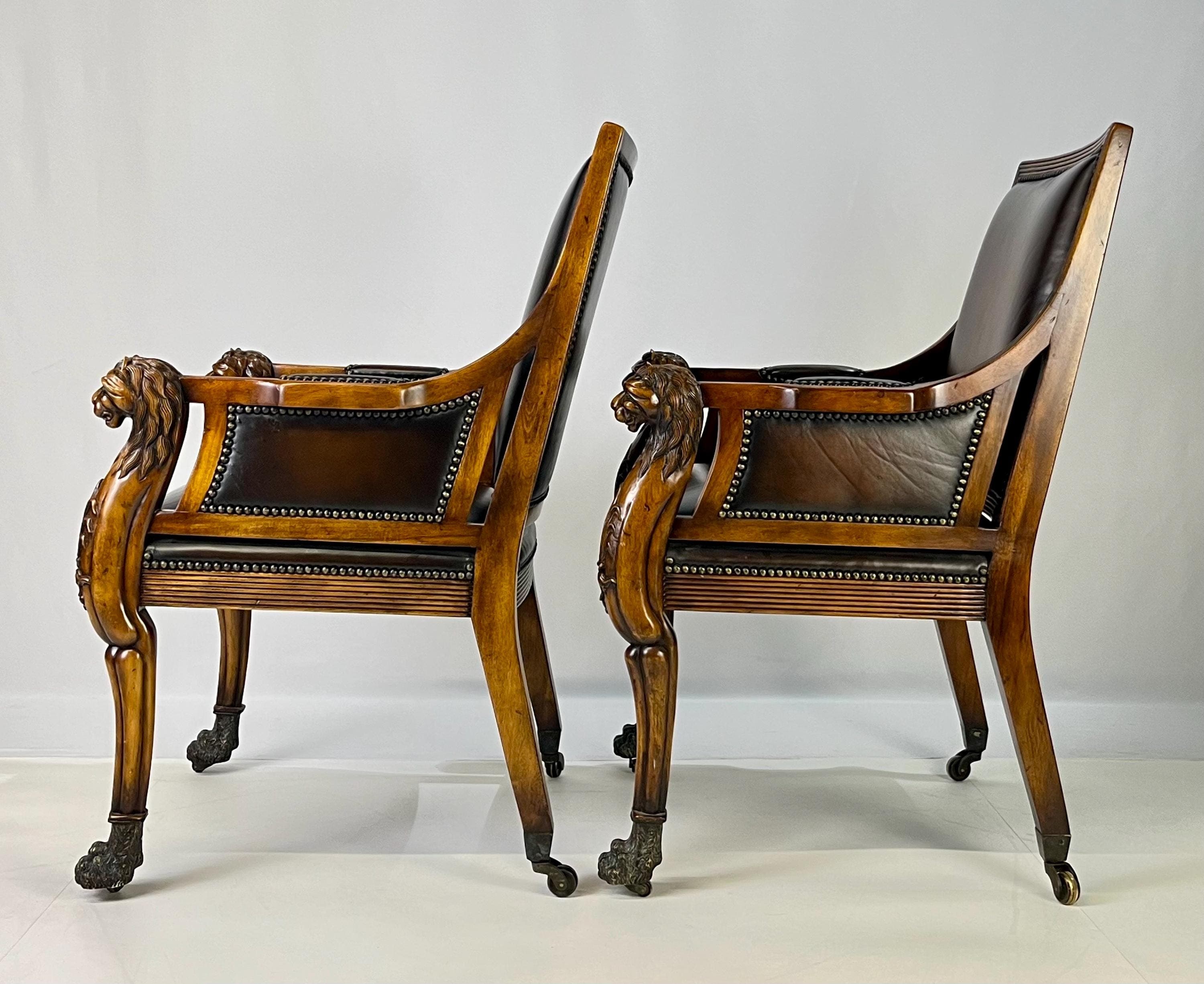 Pair of Theodore Alexander Regency Style Carved Lion & Hairy Paw Caster Armchairs in Brown Leather - Thumbnail 11