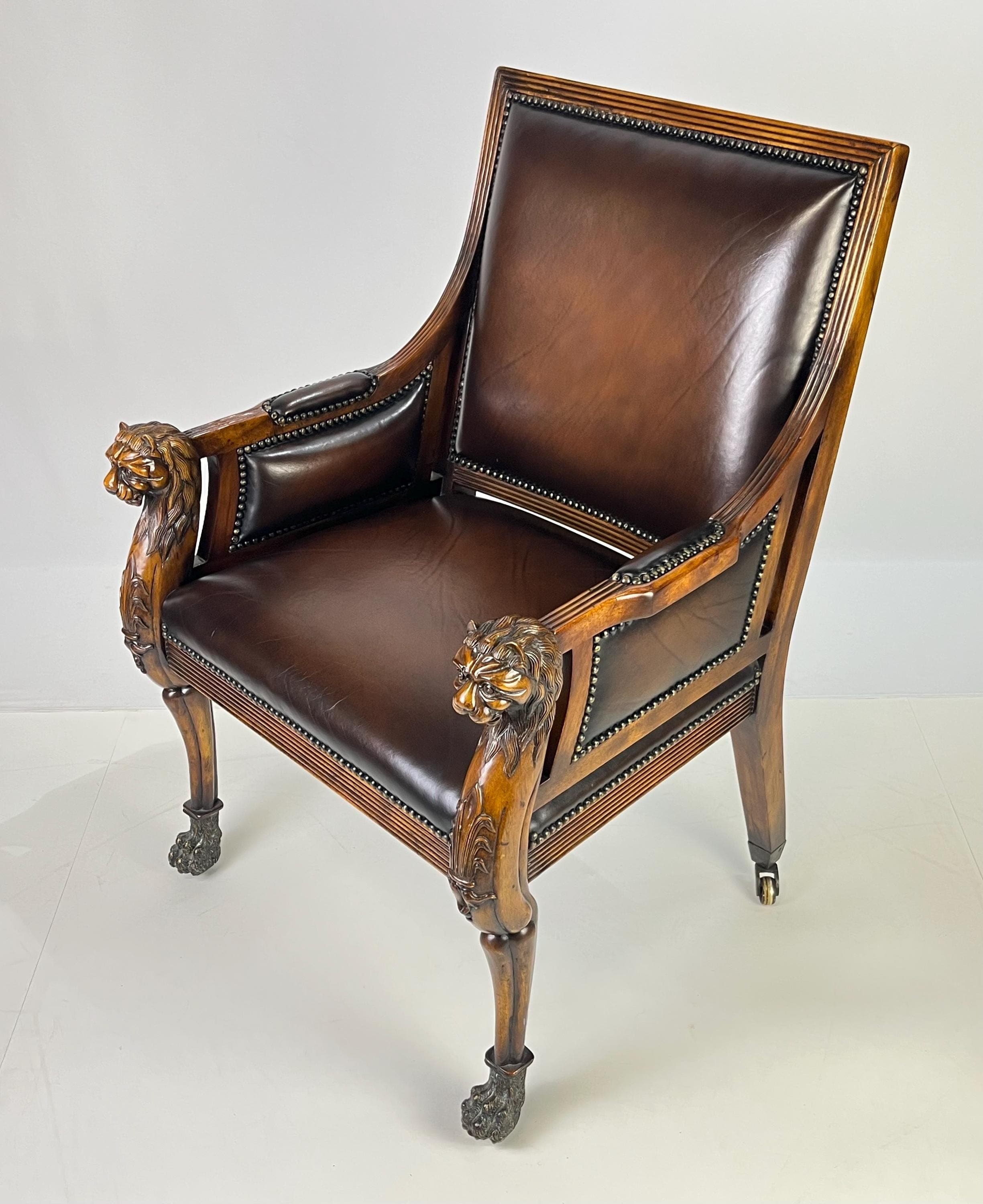 Pair of Theodore Alexander Regency Style Carved Lion & Hairy Paw Caster Armchairs in Brown Leather - Thumbnail 15
