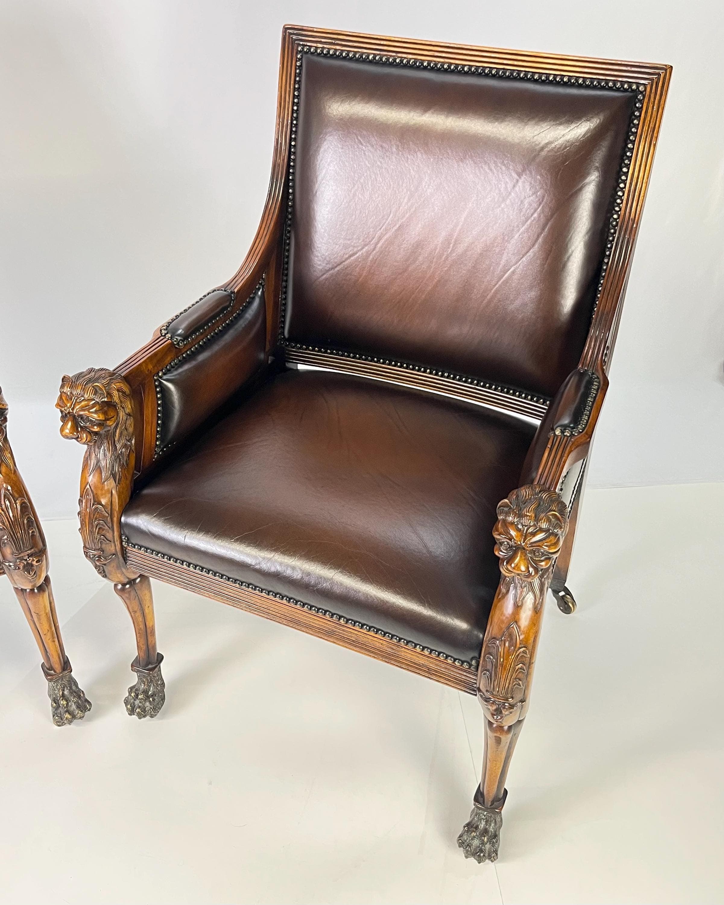 Pair of Theodore Alexander Regency Style Carved Lion & Hairy Paw Caster Armchairs in Brown Leather - Thumbnail 17