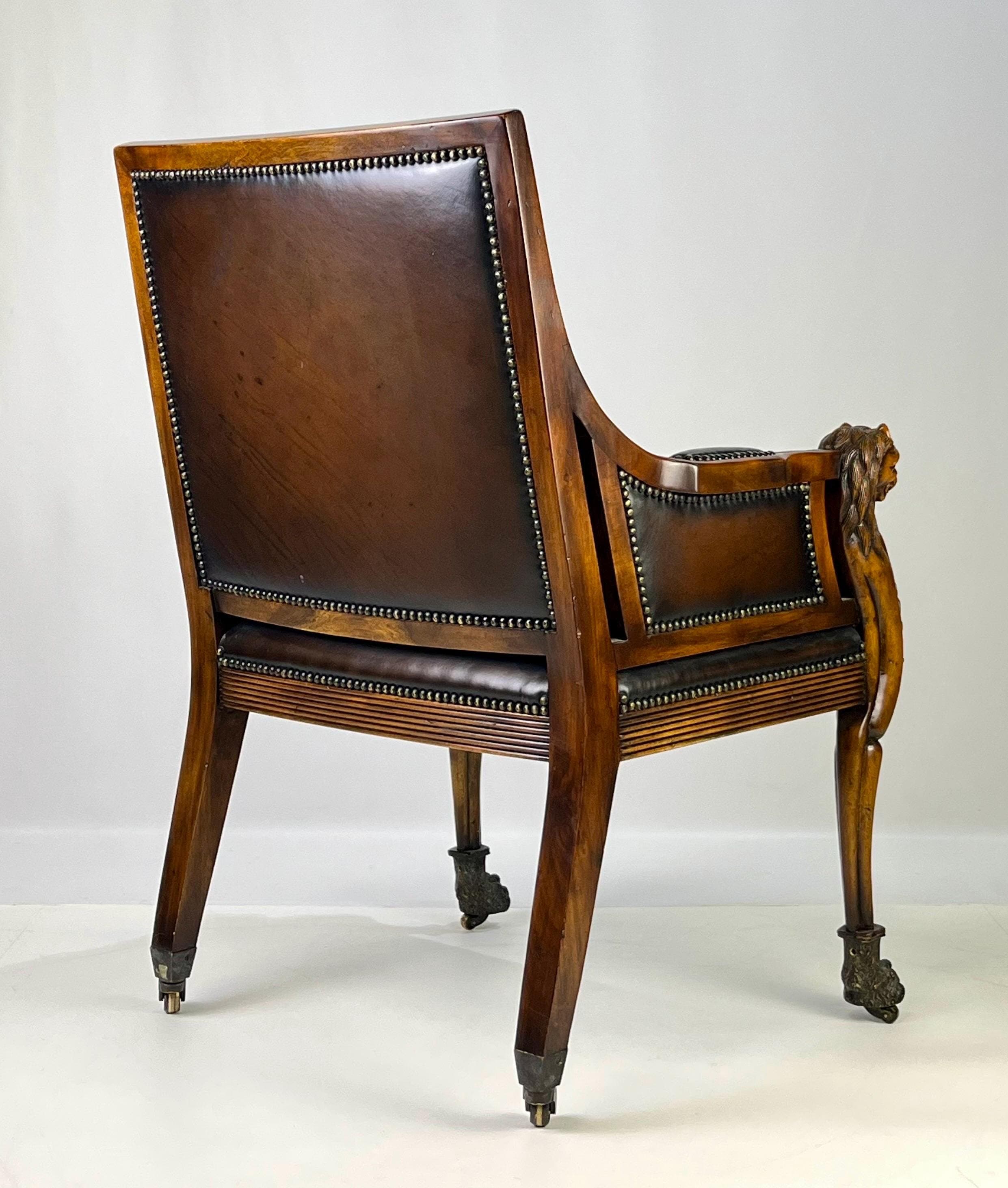 Pair of Theodore Alexander Regency Style Carved Lion & Hairy Paw Caster Armchairs in Brown Leather - Thumbnail 7