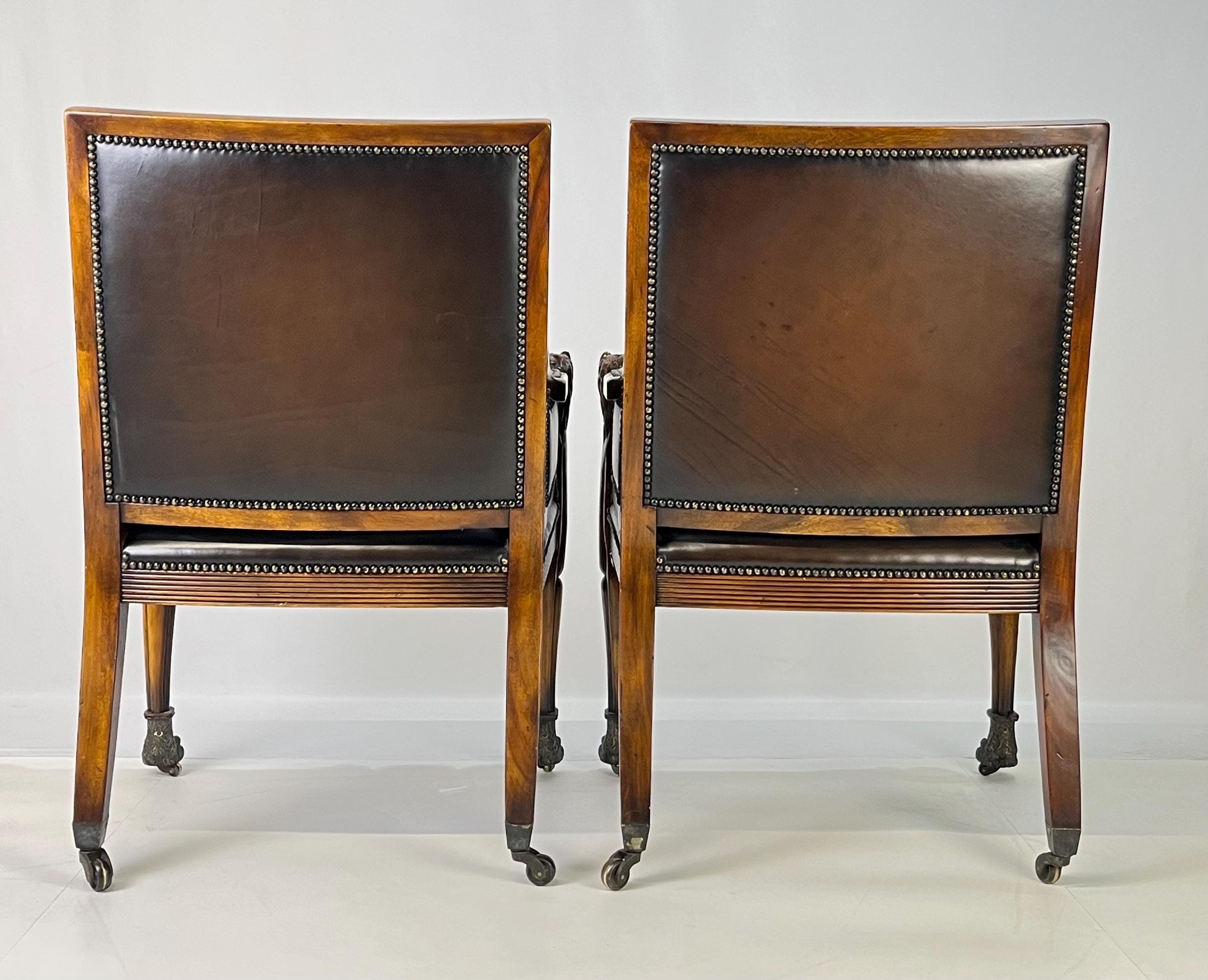 Pair of Theodore Alexander Regency Style Carved Lion & Hairy Paw Caster Armchairs in Brown Leather - Thumbnail 14