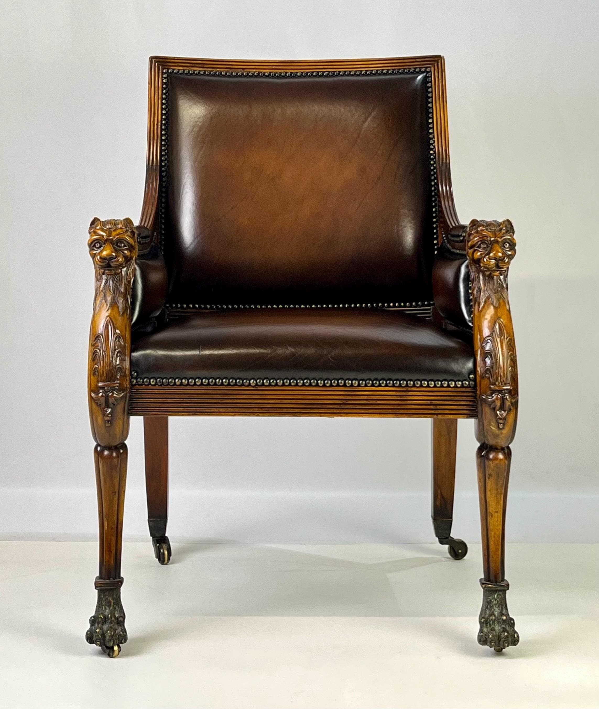 Pair of Theodore Alexander Regency Style Carved Lion & Hairy Paw Caster Armchairs in Brown Leather - Thumbnail 3