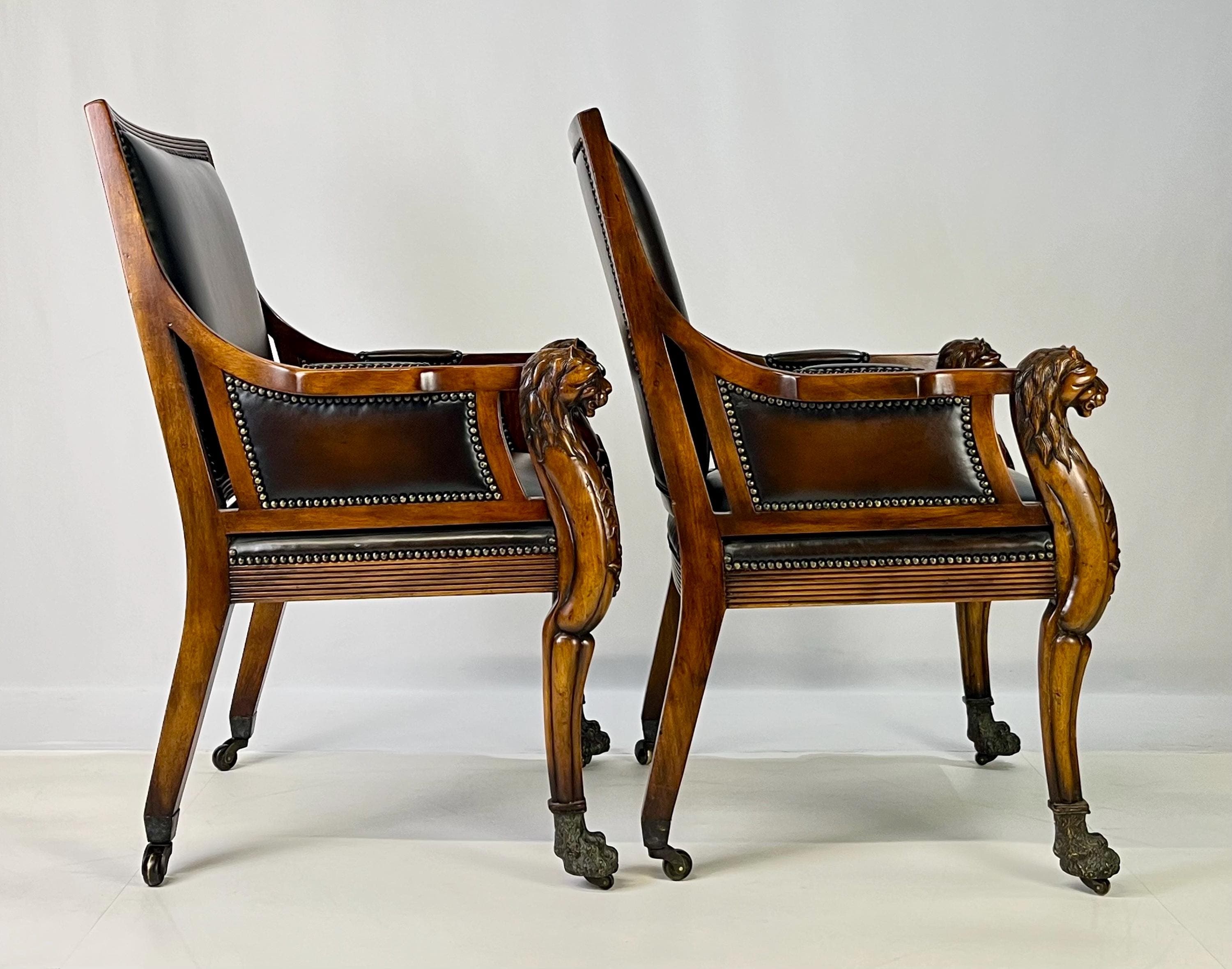 Pair of Theodore Alexander Regency Style Carved Lion & Hairy Paw Caster Armchairs in Brown Leather - Thumbnail 12