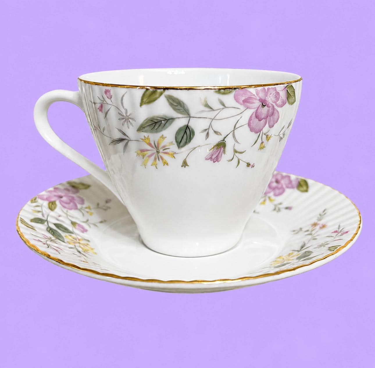 Vintage Grant Crest Tea Cups and Saucers:  ‘Spring Serenade’ Fine China Teacup with Saucer Set