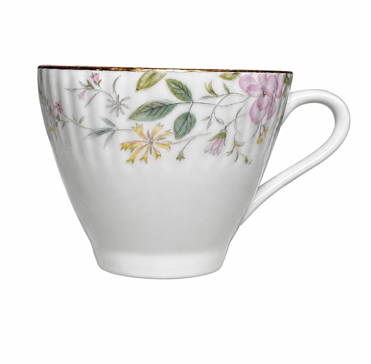 Vintage Grant Crest Tea Cups and Saucers: ‘Spring Serenade’ Fine China 2 Teacup with 2 Saucers Set- 4 pieces total