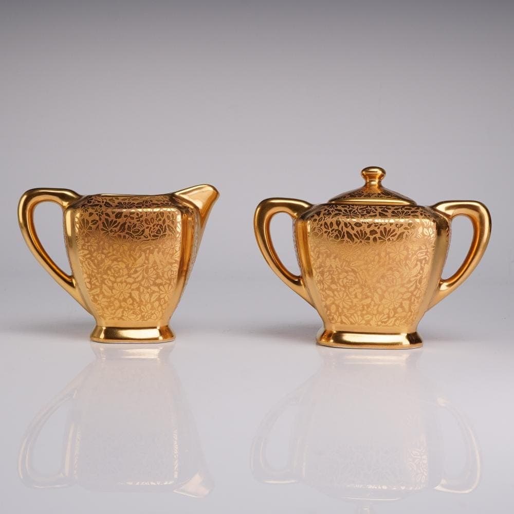Wheeling Decorating Co. Gold Encrusted Creamer & Covered Sugar Bowl with Lid, Shape No. 1253, Circa 1920–1930. Doves, Roses and Daisies