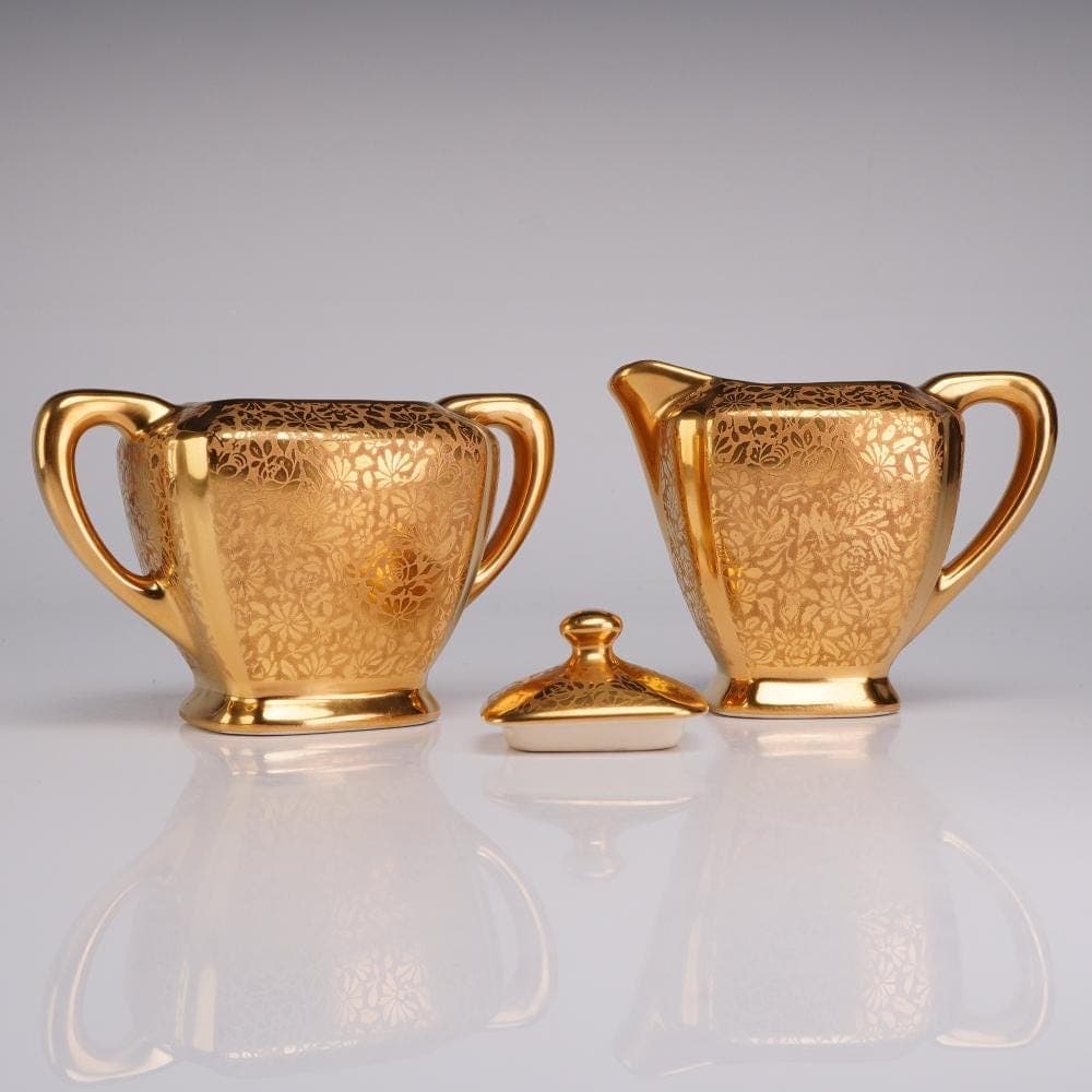 Wheeling Decorating Co. Gold Encrusted Creamer & Covered Sugar Bowl with Lid, Shape No. 1253, Circa 1920–1930. Doves, Roses and Daisies - Thumbnail 2
