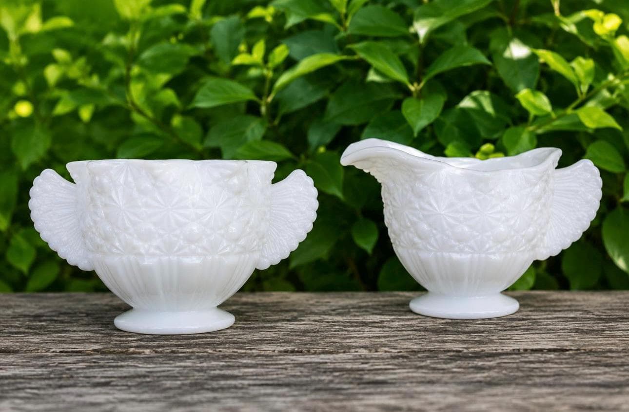 Vintage Fenton "Daisy and Button" white milk glass creamer and sugar bowl set~ fan-shaped "angel wing" handles