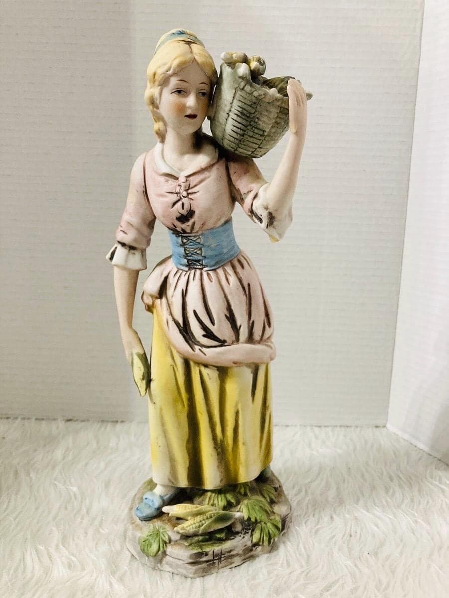 Vintage HOMCO Young Farm Couple Statue- Woman Figurine 12" tall Shelf Decor Item # 1414