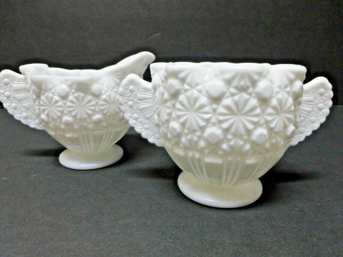 Vintage Fenton "Daisy and Button" white milk glass creamer and sugar bowl set~ fan-shaped "angel wing" handles - Thumbnail 2