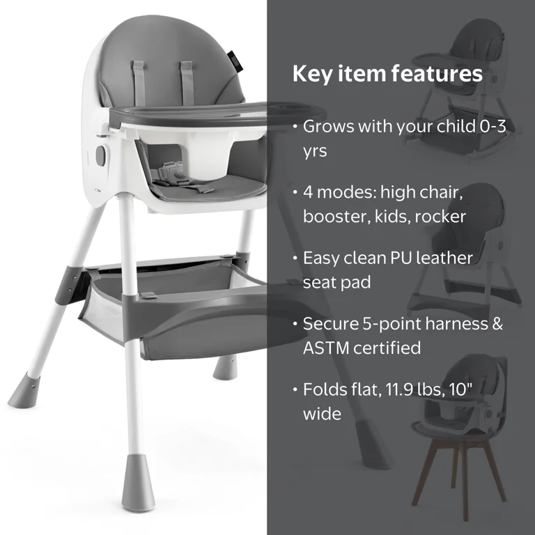 Convertible High Chair 4-in-1 Gray Baby Seat with Harness - Thumbnail 2