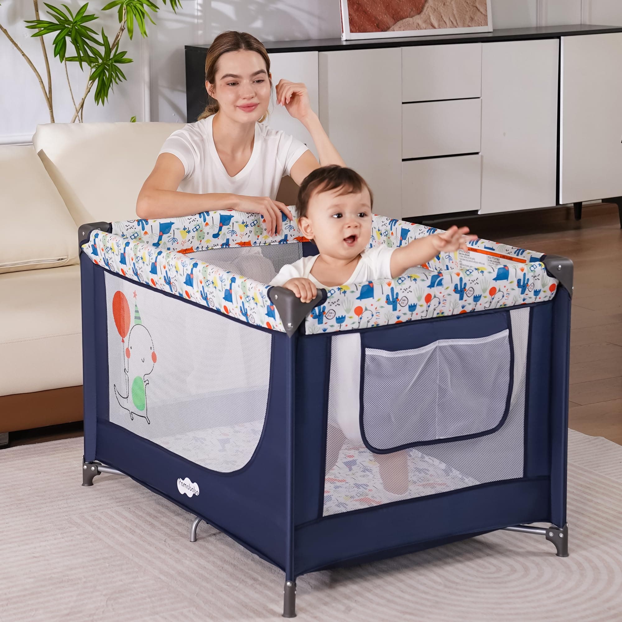 Pamo Babe Travel Foldable Portable Bassinet Baby Infant Comfortable Play Yard Crib Cot with Soft Mattress Breathable Mesh Walls, and Carry Bag Blue - Thumbnail 4