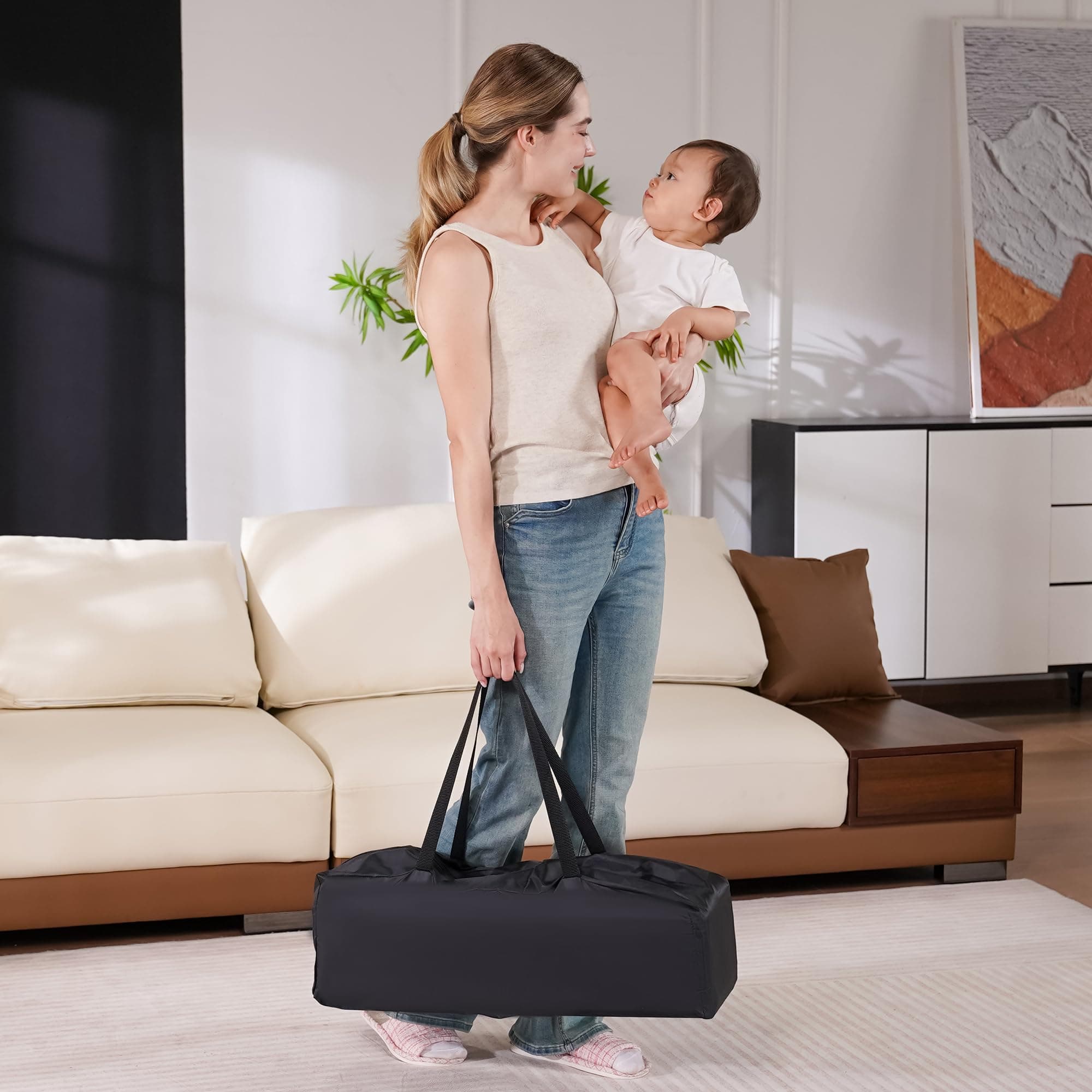 Pamo Babe Travel Foldable Portable Bassinet Baby Infant Comfortable Play Yard Crib Cot with Soft Mattress Breathable Mesh Walls, and Carry Bag Blue - Thumbnail 8