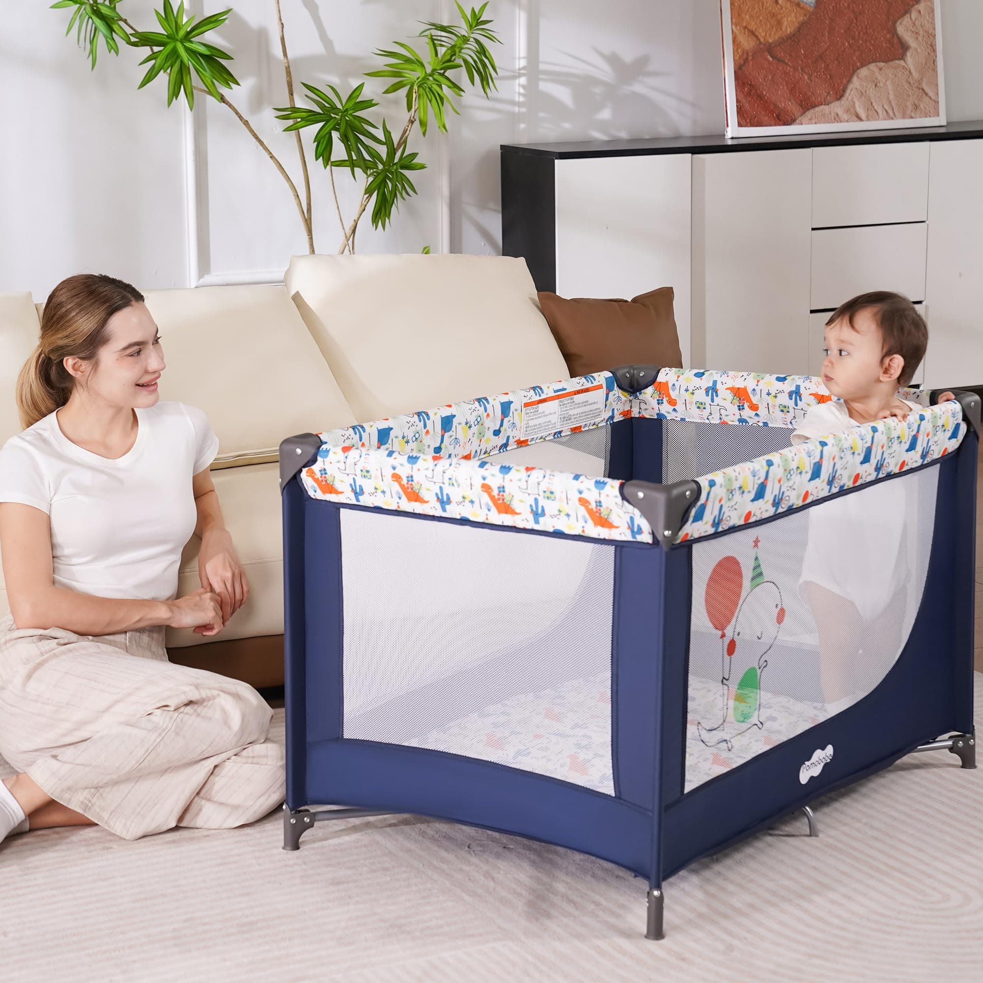Pamo Babe Travel Foldable Portable Bassinet Baby Infant Comfortable Play Yard Crib Cot with Soft Mattress Breathable Mesh Walls, and Carry Bag Blue - Thumbnail 5