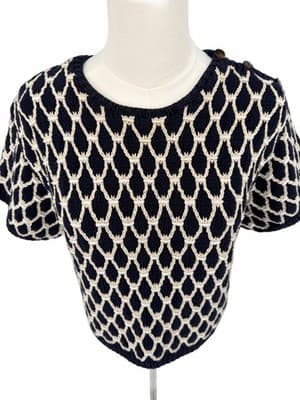 VTG Hand Knit Liz Claiborne Linen Cotton Nautical Coastal Grandma Sweater M Navy - Thumbnail 4