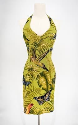 Women's Muse Green Tropical Halter Mini Dress Beaded Parrots Butterflies Size 2