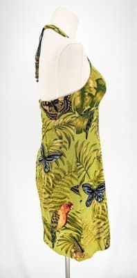 Women's Muse Green Tropical Halter Mini Dress Beaded Parrots Butterflies Size 2 - Thumbnail 3