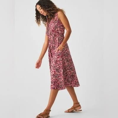 Faherty Isha Linen Blend Floral Coastal Boho Midi Dress Desert Bloom Size S