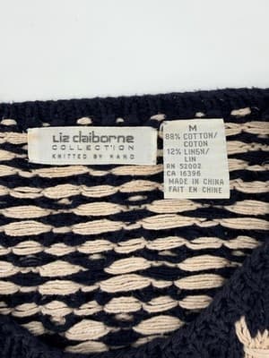 VTG Hand Knit Liz Claiborne Linen Cotton Nautical Coastal Grandma Sweater M Navy - Thumbnail 6