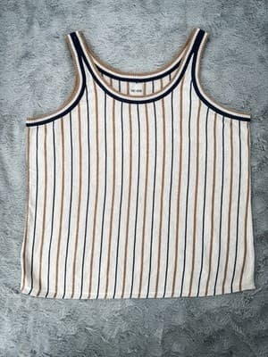 NIC+ZOE Beige Navy Tan Vital Striped Knit Sleeveless Tank Top Scoop XL Nordstrom - Thumbnail 2