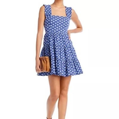 Aqua Blue Tile Print Tiered Dress Poplin Womens Small S 100% Cotton Vacation