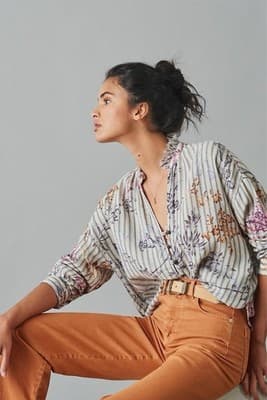 Anthropologie Pilcro Tavi Button Down Top S Blue Striped Boho Floral - Thumbnail 4