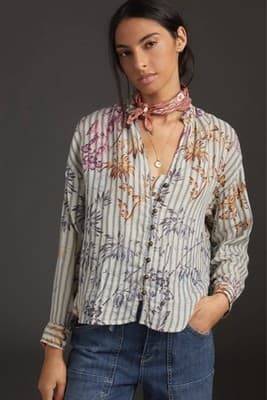 Anthropologie Pilcro Tavi Button Down Top S Blue Striped Boho Floral