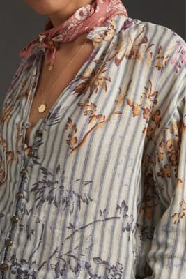 Anthropologie Pilcro Tavi Button Down Top S Blue Striped Boho Floral - Thumbnail 3