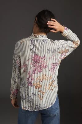 Anthropologie Pilcro Tavi Button Down Top S Blue Striped Boho Floral - Thumbnail 2