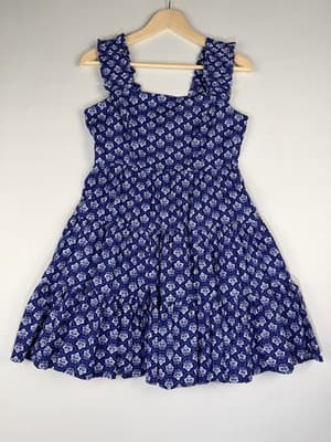 Aqua Blue Tile Print Tiered Dress Poplin Womens Small S 100% Cotton Vacation - Thumbnail 2