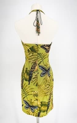 Women's Muse Green Tropical Halter Mini Dress Beaded Parrots Butterflies Size 2 - Thumbnail 2