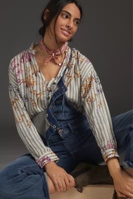 Anthropologie Pilcro Tavi Button Down Top S Blue Striped Boho Floral - Thumbnail 5