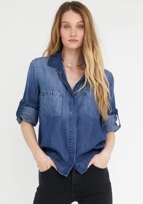 Anthropologie Cloth & Stone Blue Denim Chambray Split Back Button Down Shirt S