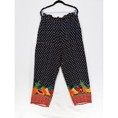 Farm Rio x Anthropologie Tucker Tropical Fruit Wide Leg Paperbag Pants Black M - Thumbnail 4