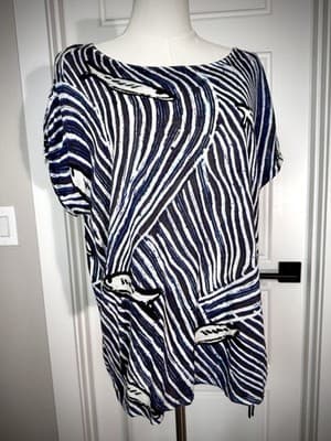 NIC+ZOE Ocean Knit Linen Rayon Fish Print Short Sleeve Sweater Resort Vacation M
