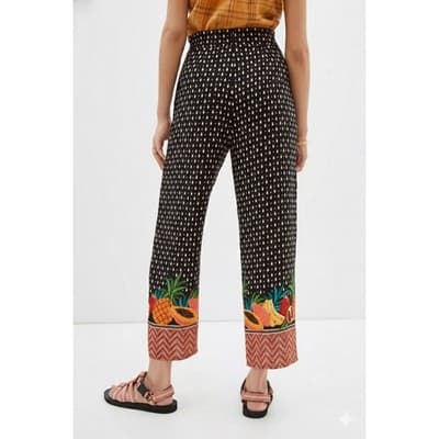 Farm Rio x Anthropologie Tucker Tropical Fruit Wide Leg Paperbag Pants Black M - Thumbnail 3