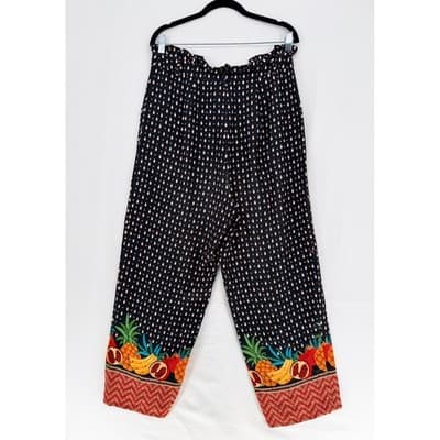 Farm Rio x Anthropologie Tucker Tropical Fruit Wide Leg Paperbag Pants Black M - Thumbnail 5