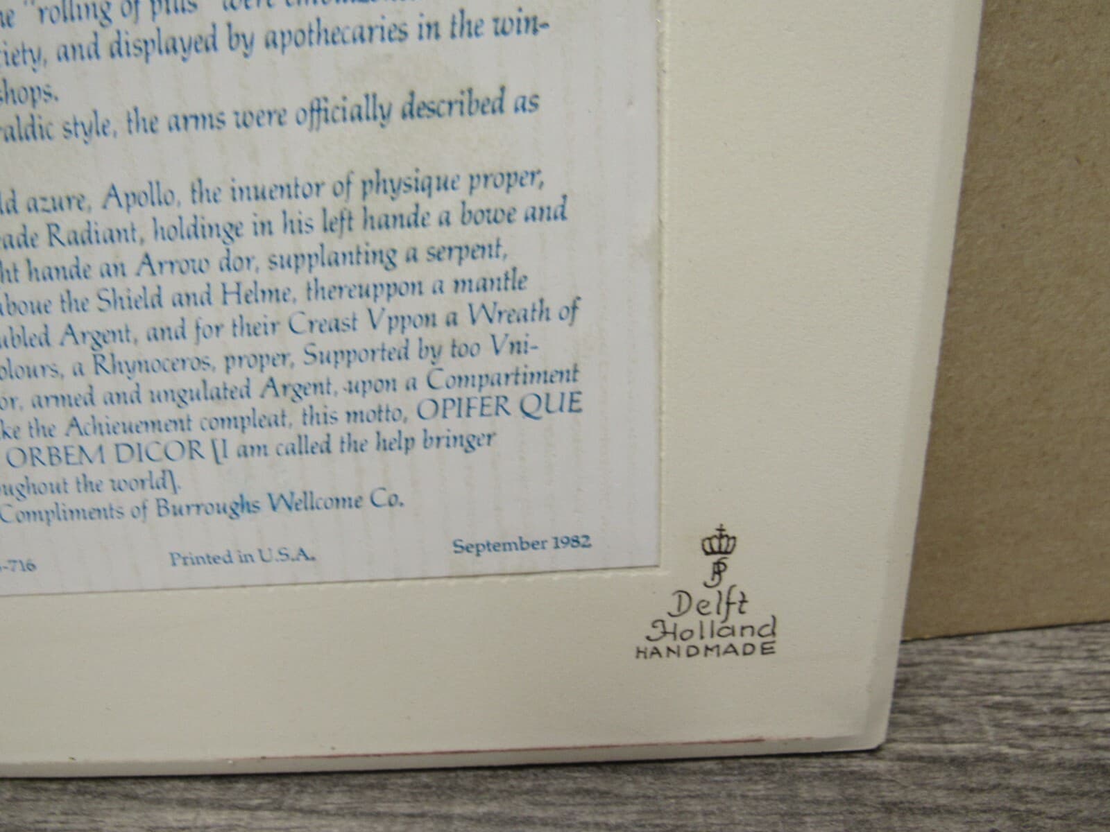Blue Delft Pharmacy Handmade Pill Tile 1982 BURROUGHS - Thumbnail 3