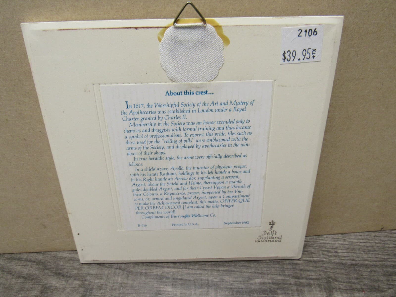 Blue Delft Pharmacy Handmade Pill Tile 1982 BURROUGHS - Thumbnail 2