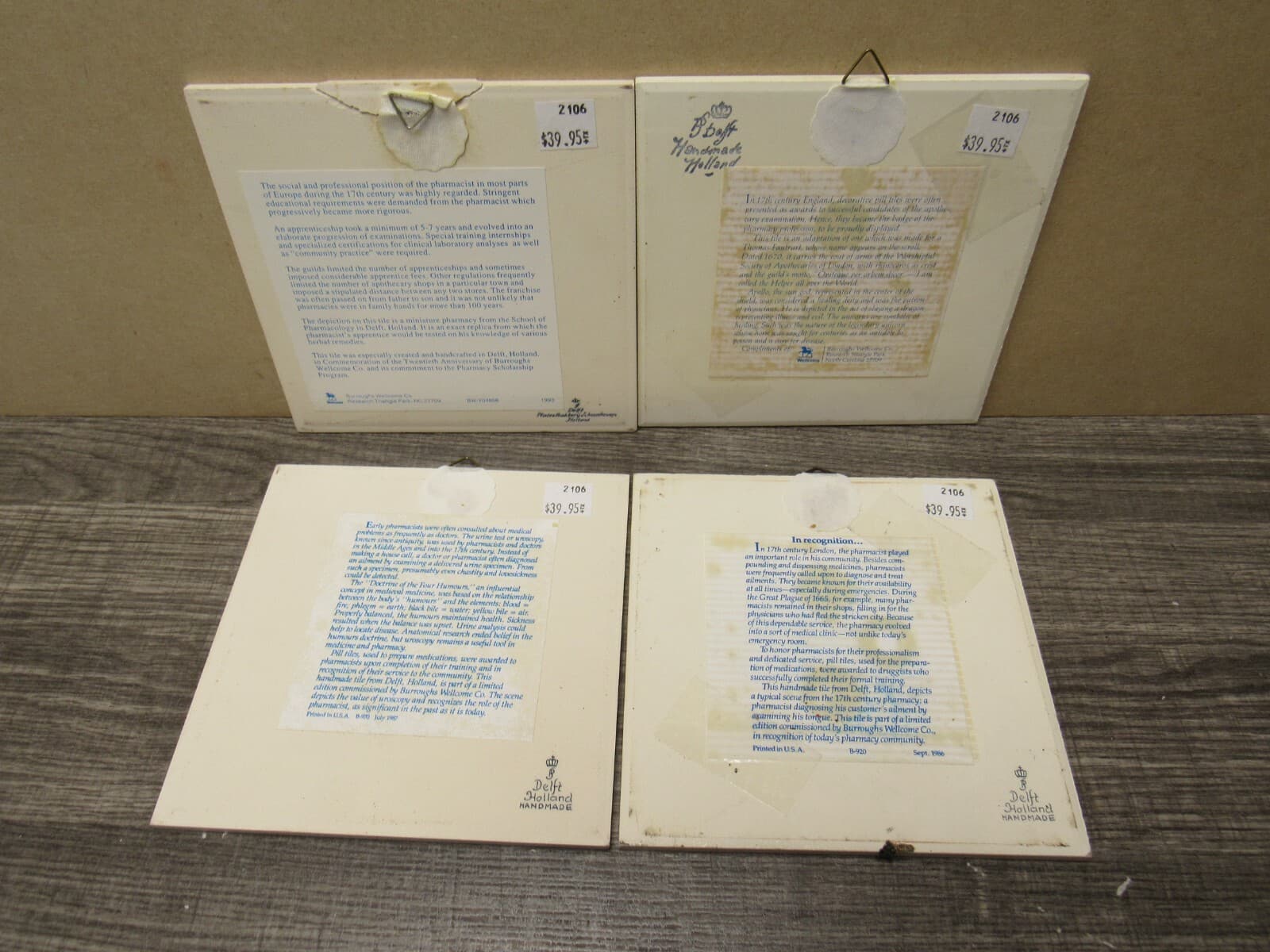 LOT OF 4 Vintage BLUE DELFT Holland Pharmacy Tiles (3) - Thumbnail 6