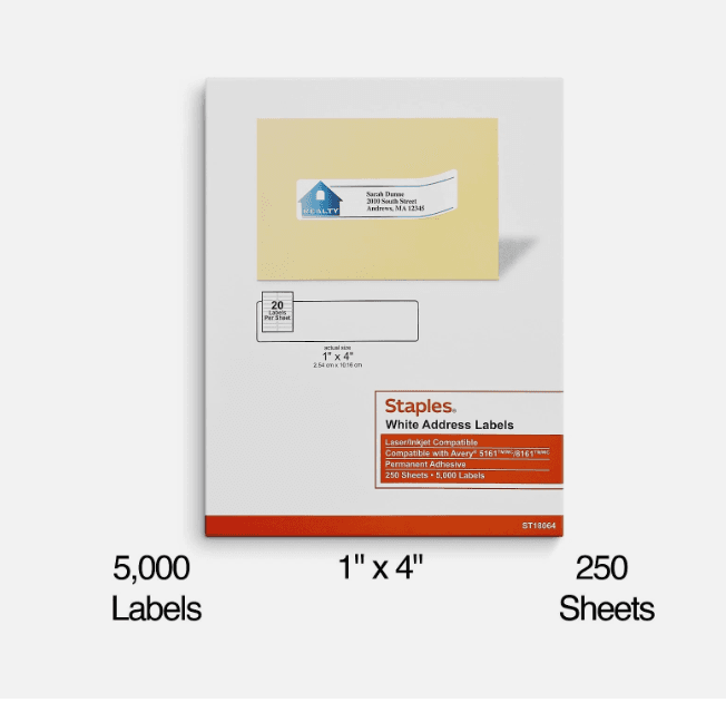 Staples Laser/Inkjet Address Labels 1" x 4" Bright White 5000 Labels (S30K) - Thumbnail 5