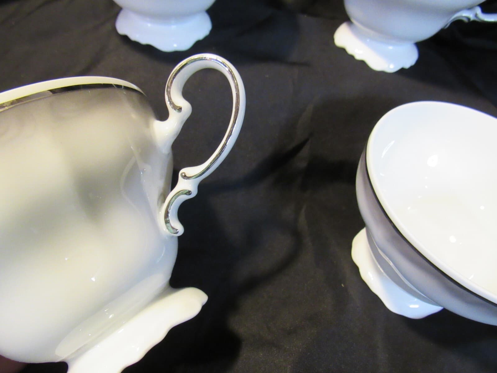 (4) Footed Coffee Cups Platinum Baroque J HAVILAND White Gray w Silver Trim G7J - Thumbnail 4