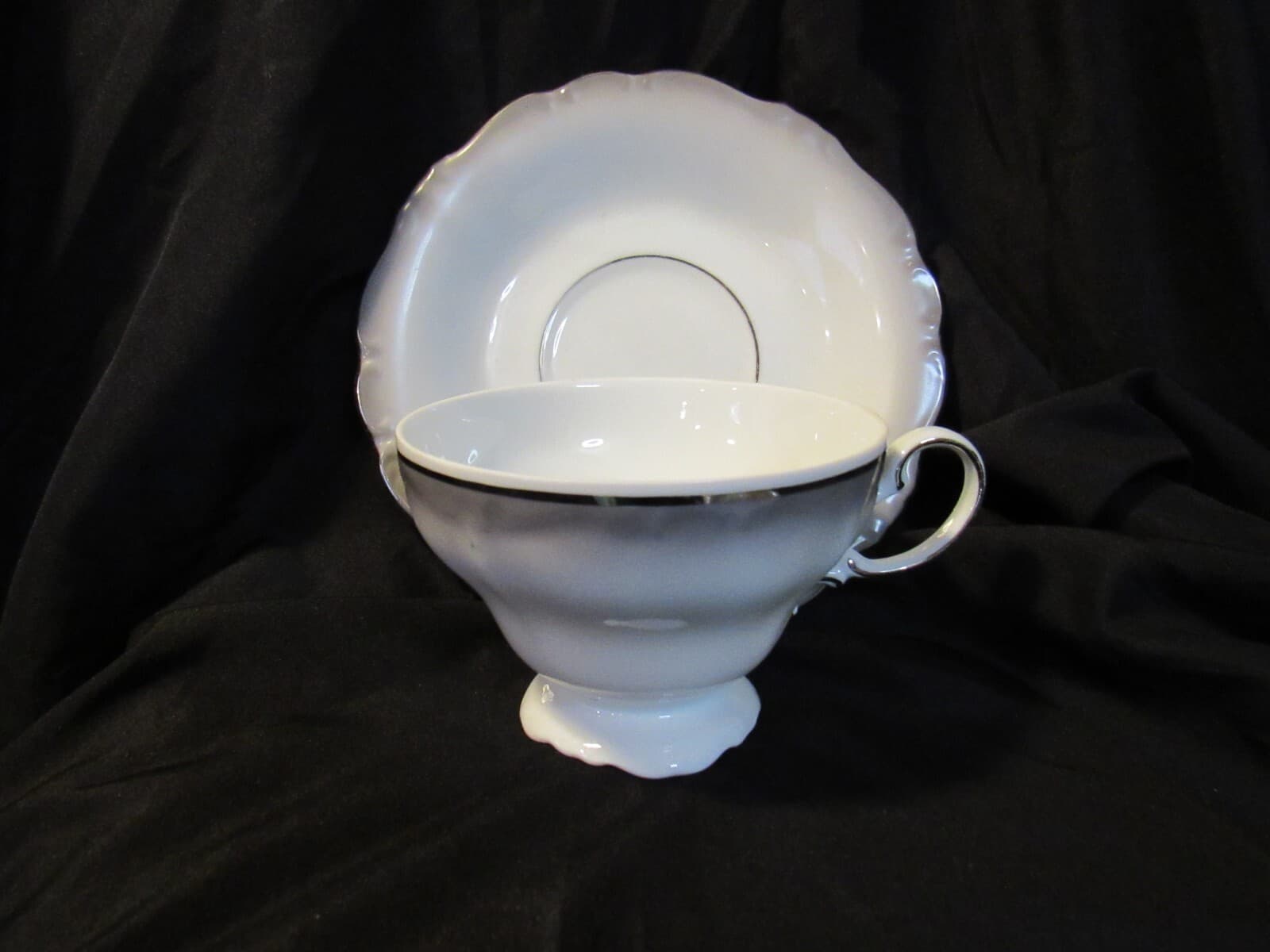 Footed Cup & Saucer Set Platinum Baroque J HAVILAND White Gray w Silver Trim - Thumbnail 5