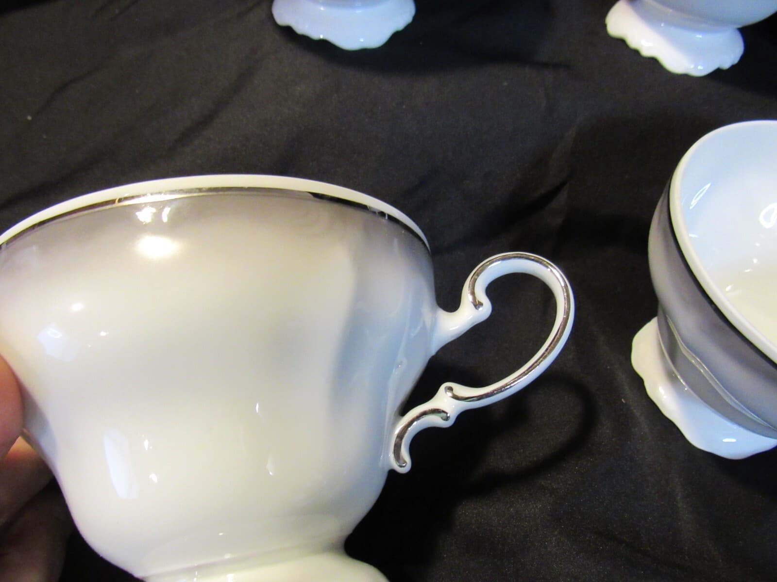 (4) Footed Coffee Cups Platinum Baroque J HAVILAND White Gray w Silver Trim G7J - Thumbnail 5