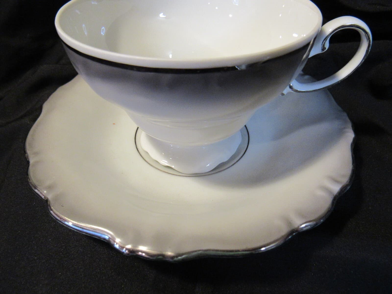 Footed Cup & Saucer Set Platinum Baroque J HAVILAND White Gray w Silver Trim - Thumbnail 2