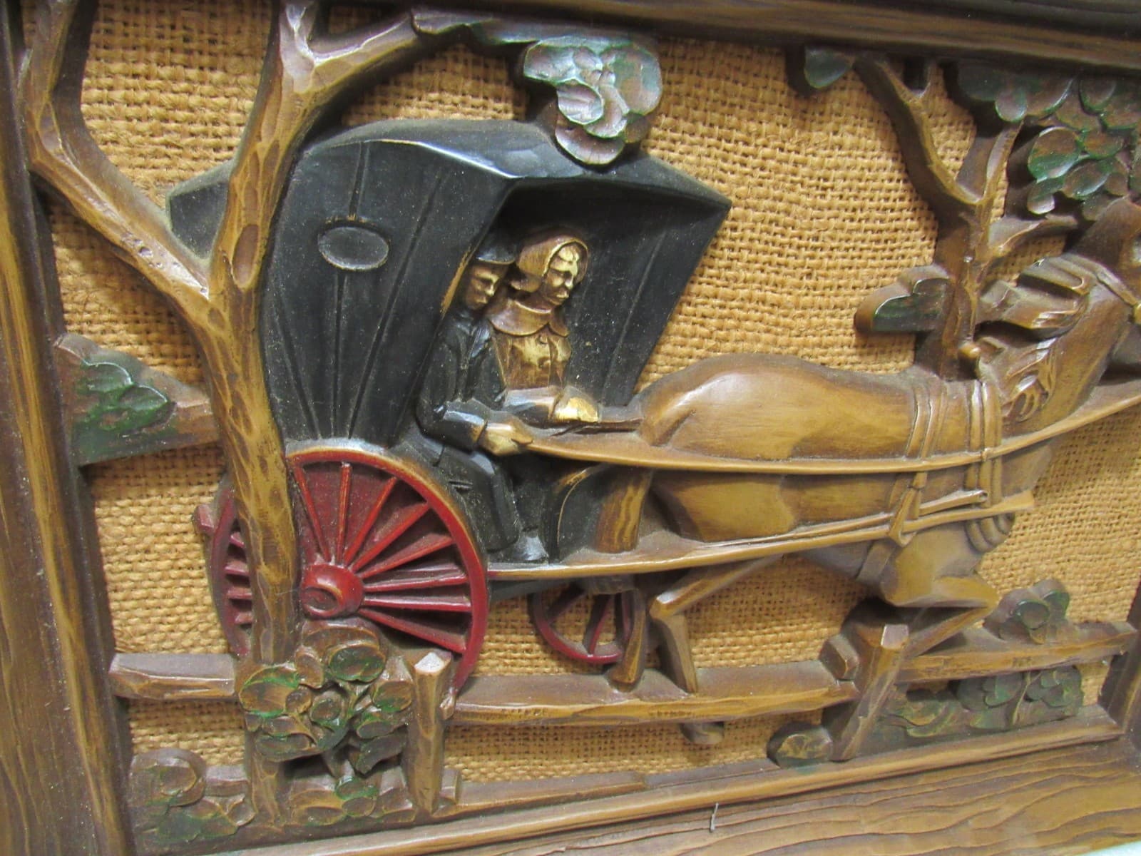 Vintage Syroco Wall Plaque Horse Drawn Carriage 3D F6J - Thumbnail 2